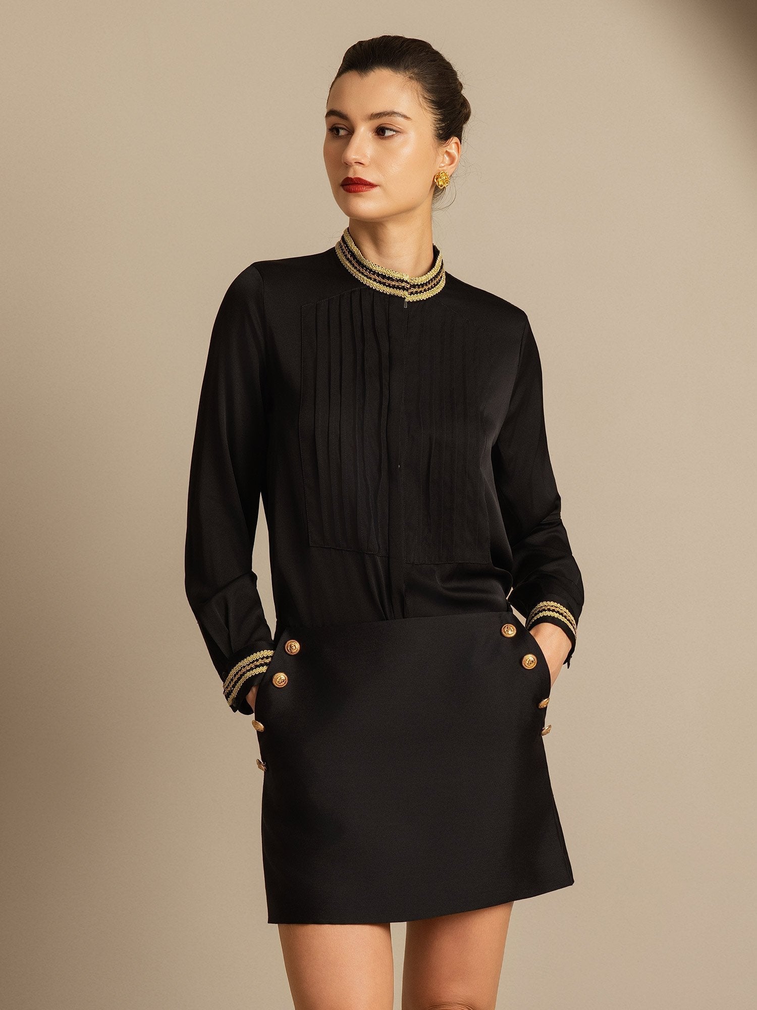 [Svart] SilkSilky-NO 32Momme Silk-Wool Blend Skirt 008,