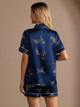 [Marineblå Zebra] SilkSilky-NO Short Sleeve Lapel Collar Pyjamas for Kvinner 002