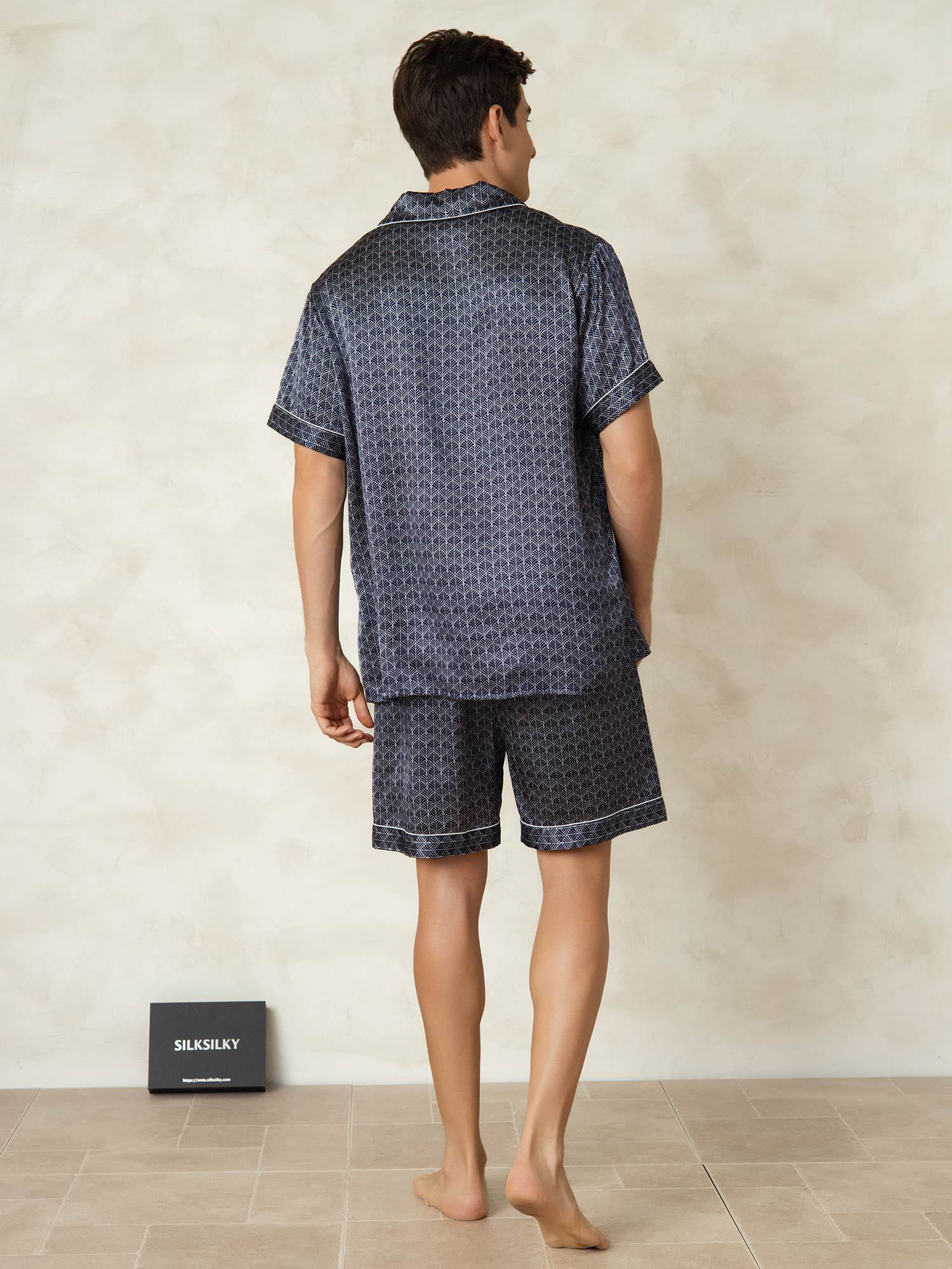 [Marine Ginkgo] SilkSilky-NO Kort erm Notchkrage Pyjamas for menn 002