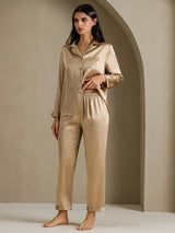 [Sjampanjegull] SilkSilky-NO Long Sleeve Lapel Collar Pyjamas for Kvinner 001