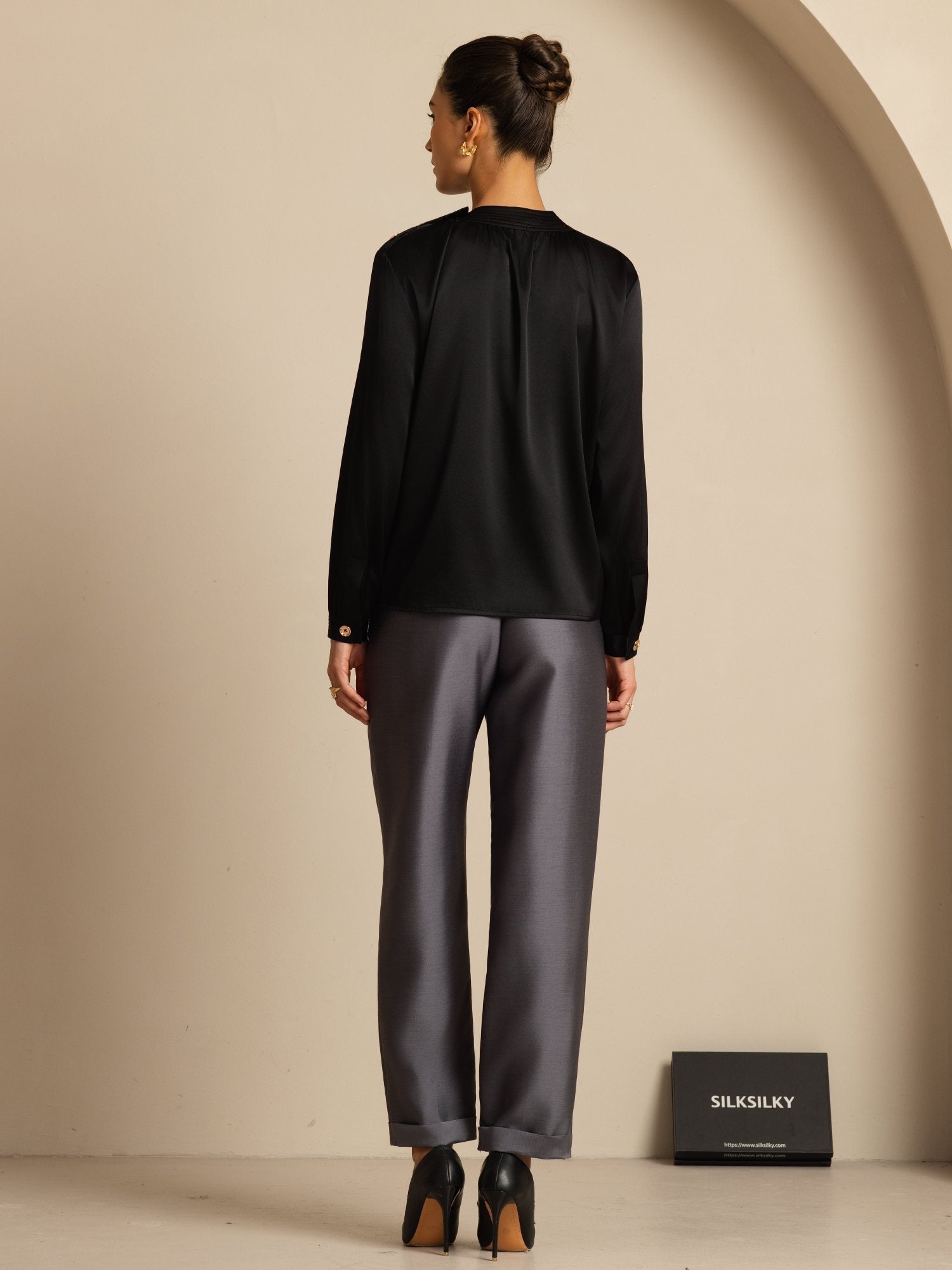 [Svart] SilkSilky-NO 19Momme Silke Langermet Rund Hals Bluse 002