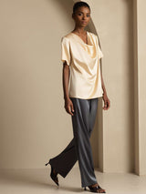 [Champagne] SilkSilky-NO Short Sleeve Cowl Neck Damebluser 007