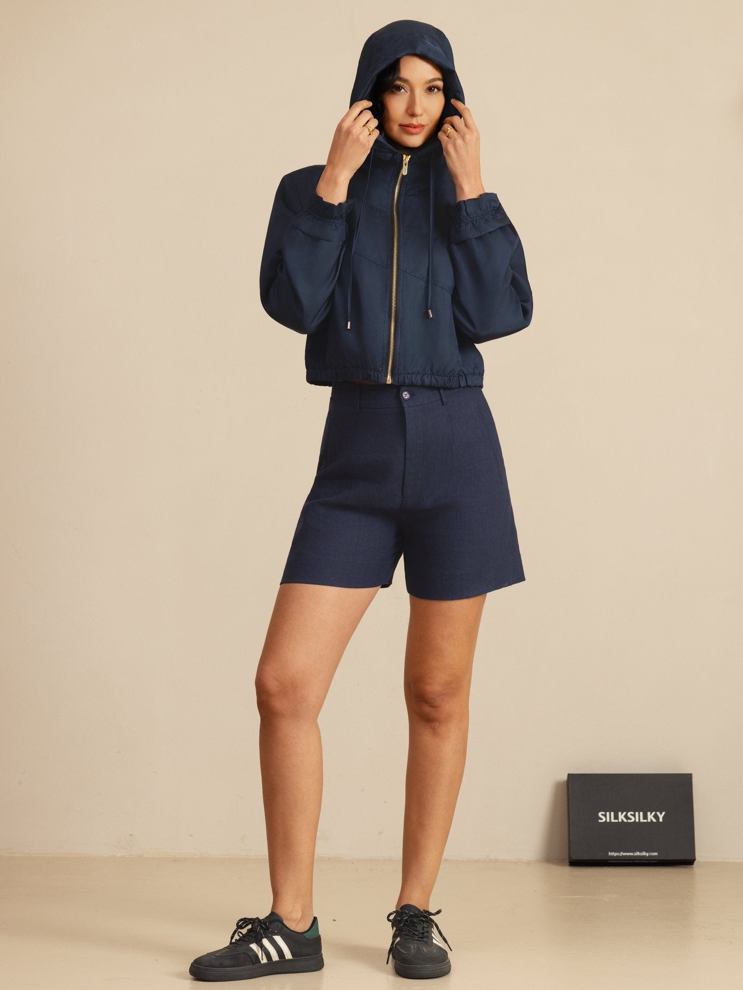 [Mørkeblå] SilkSilky-NO 18Momme Langermet Høy Hals Yttertøy for Kvinner 008