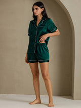 [Mørk Grønn] SilkSilky-NO Short Sleeve Lapel Collar Pyjamas for Kvinner 008