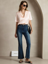 [Rosa] SilkSilky-NO Short Sleeve Lapel Collar Skjorte for Kvinner 007