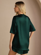 [Mørk Grønn] SilkSilky-NO Short Sleeve Round Neck Pyjamas for Kvinner 006