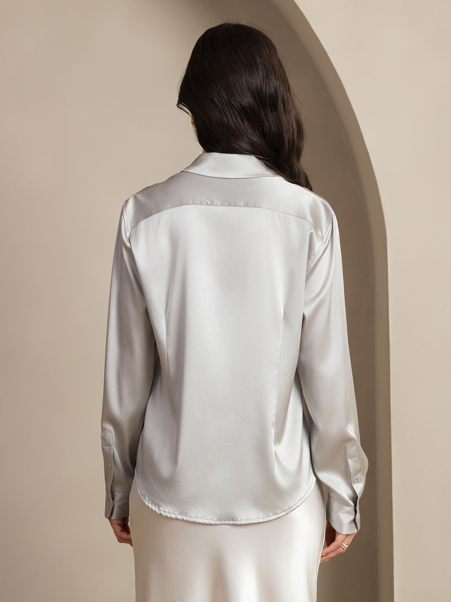[Lysegrå] SilkSilky-NO Silke Lapel Collar Skjorte for Kvinner 003