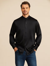 [Svart] SilkSilky-NO Long Sleeve Stand Collar Skjorte for Menn 001