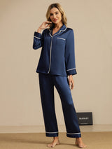 [Mørke blå] SilkSilky-NO Long Sleeve Lapel Collar Pyjamas for Kvinner 006