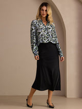 [Teal Leopard] SilkSilky-NO Long Sleeve Lapel Collar Bluse 007