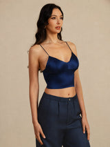 [Mørke blå] SilkSilky-NO Spaghetti Strap V Neck Camisole Topp 002