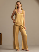 [Tan] SilkSilky-NO 19Momme Ermeløs Dyp Rund Halsutringning Pyjamas for Kvinner 007