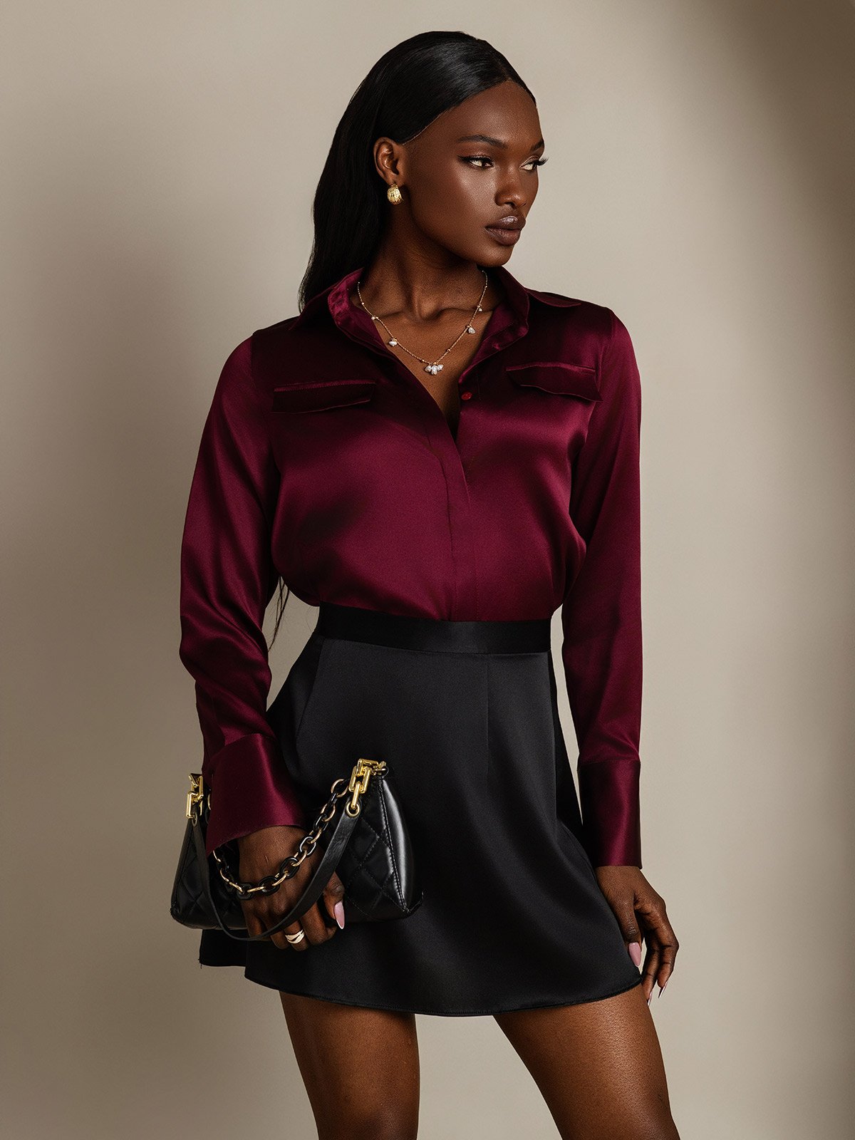 SilkSilky-NO 19Momme Silke Womens Shirt Mørkerød 001
