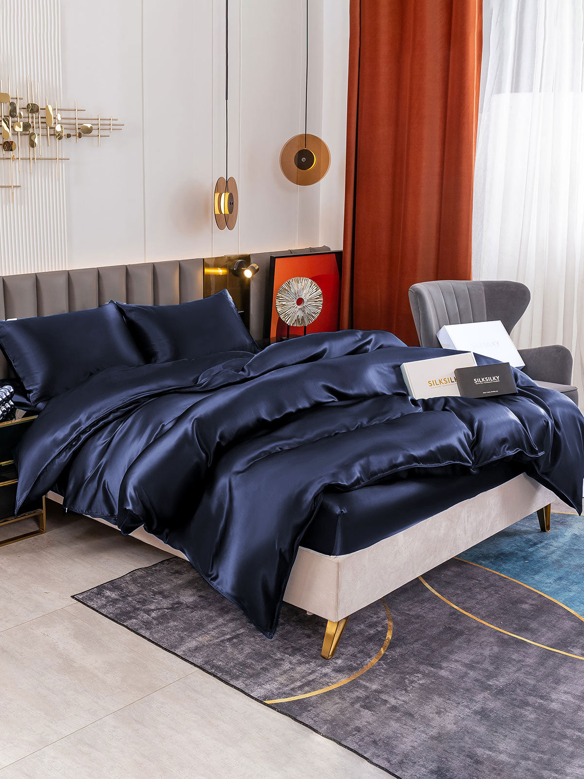 [Mørke blå] SilkSilky-NO 19Momme Bedding Set 002