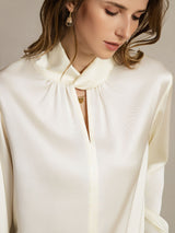 [Elfenbein] SilkSilky-NO Long Sleeve Keyhole Neck Damebluser 005