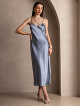 [Gråblå] SilkSilky-NO Spaghetti Strap V Neck Kjole 001