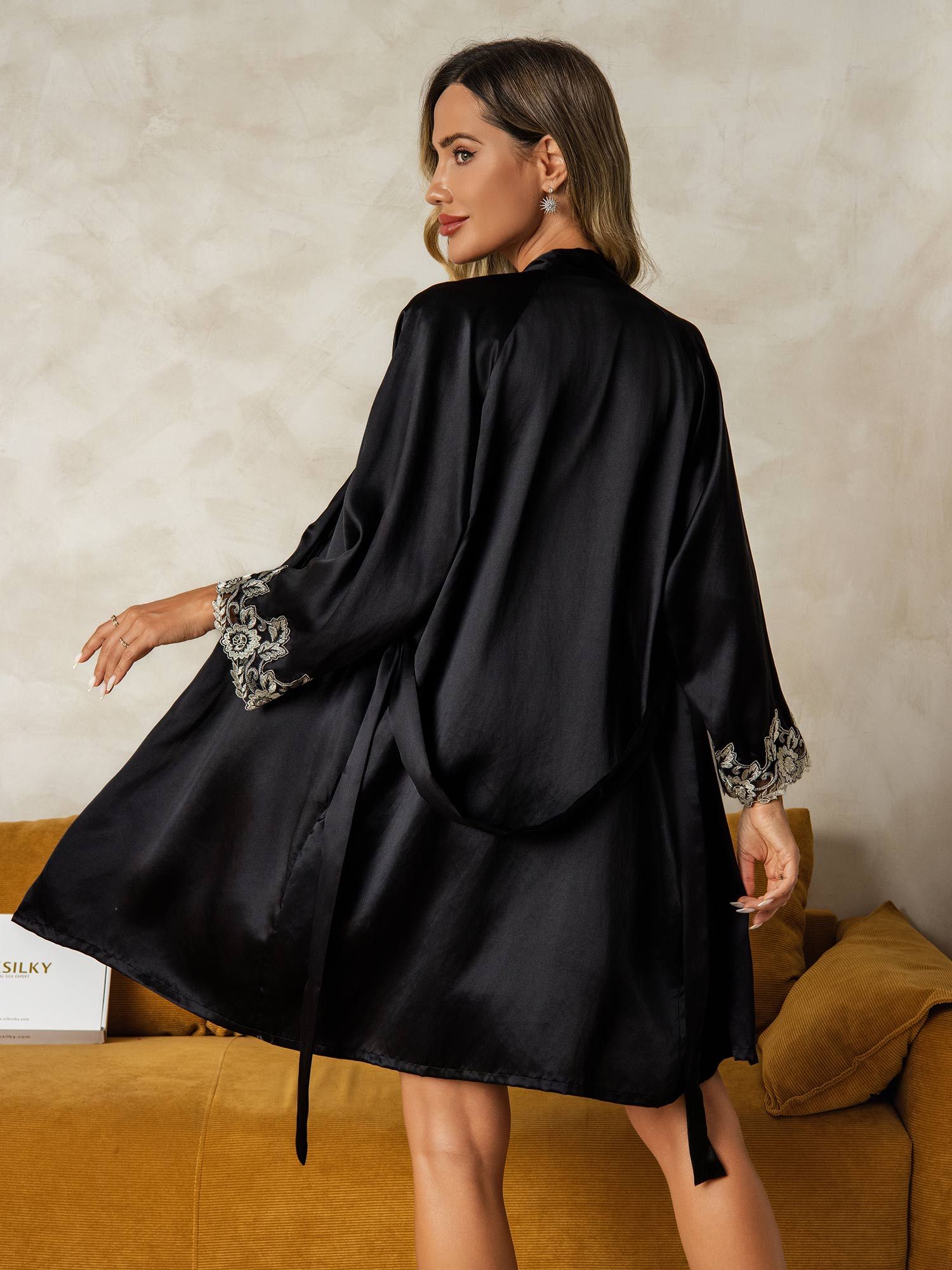 [Svart] SilkSilky-NO Silke Nightgown&Robe Set 002