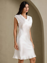 [Hvit] SilkSilky-NO Cap Sleeve V Neck Nattkjole 006