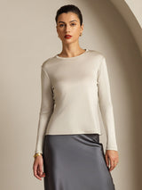 [Grå] SilkSilky-NO Long Sleeve Crew Neck T-skjorte for Kvinner 013