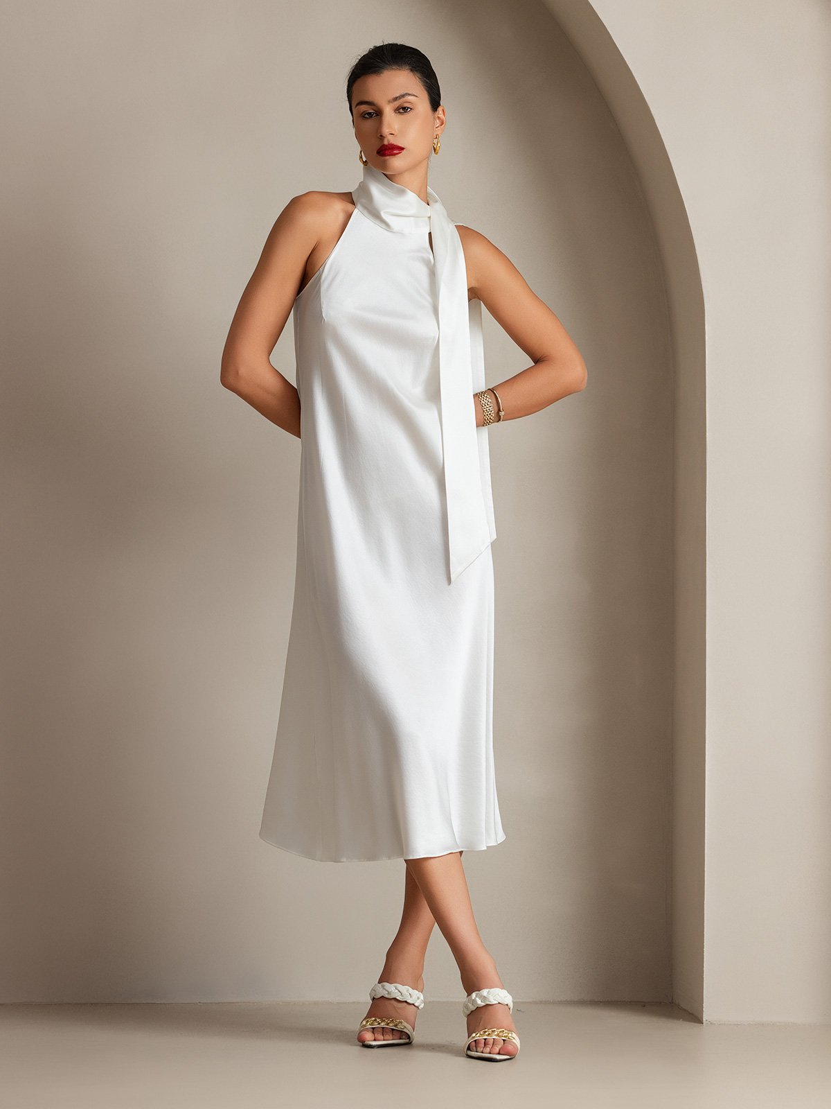 SilkSilky US 19Momme Silk Blend Sleeveless Tie Neck Dress White 004