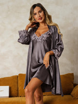 [Lilla Grå] SilkSilky-NO 3/4 Sleeve V Neck Nattkjole og Morgenkåpesett 001
