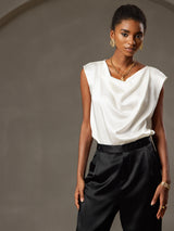 [Hvit] SilkSilky-NO Cap Sleeve Cowl Neck T-skjorte for Kvinner 005