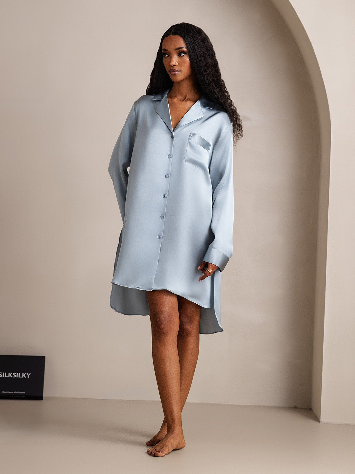 [Gråblå] SilkSilky-NO Silke Nightgown 004