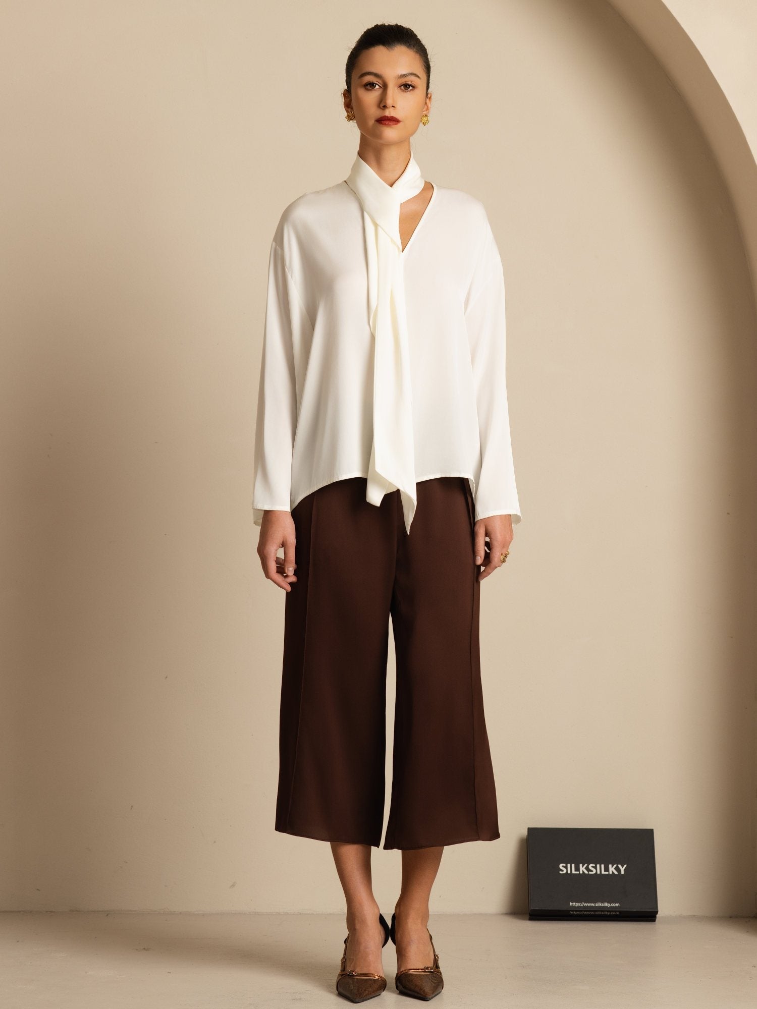 [Hvit] SilkSilky-NO 19Momme Silke Langermet V Hals Bluse 008