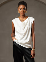 [Hvit] SilkSilky-NO Cap Sleeve Cowl Neck T-skjorte for Kvinner 004