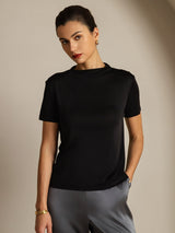 [Svart] SilkSilky-NO 100% Silk Jersey Short Sleeve Falsk Krage T-skjorte for Kvinner 001