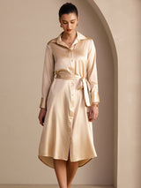 [Champagne] SilkSilky-NO Long Sleeve Lapel Collar Kjole 005
