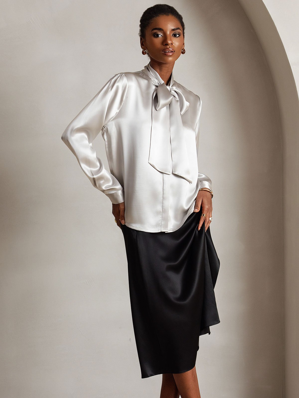 [Lysegrå] SilkSilky-NO 19Momme Silke Blouse 004