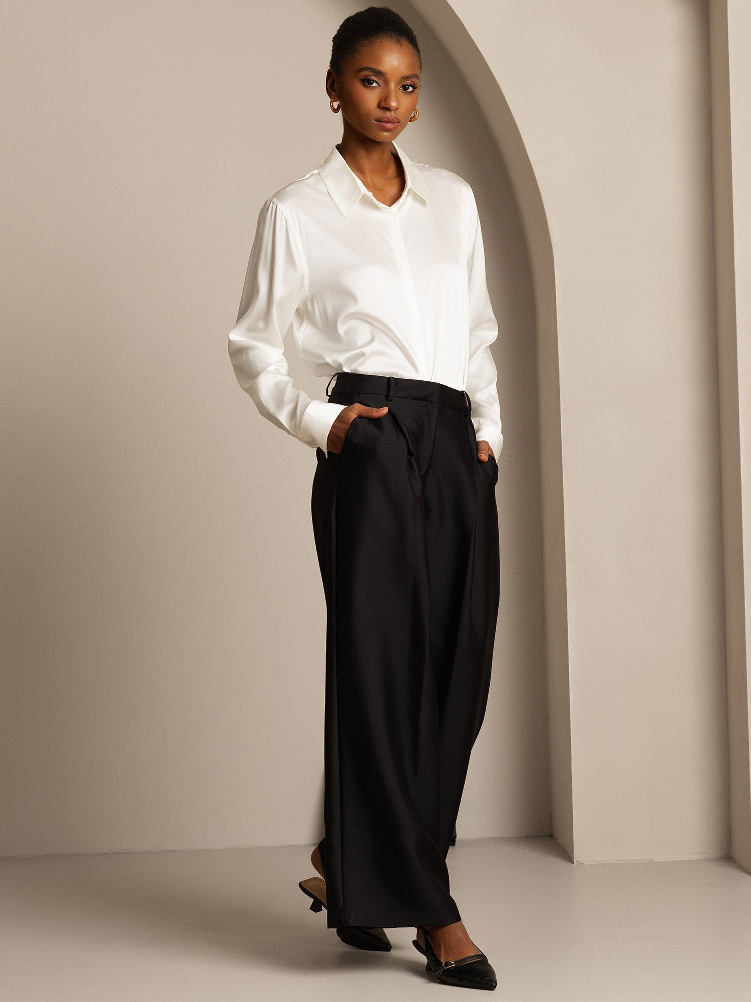 [Svart] SilkSilky-NO 32Momme Silk-Wool Blend Womens Pants 006,