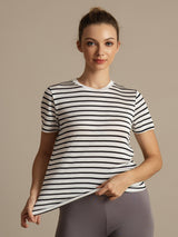 [Hvit Stripe] SilkSilky-NO Kort erm Tett Crew Neck T-skjorte for Kvinner 003