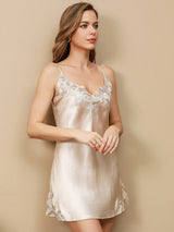 [Beige] SilkSilky-NO Spaghetti Strap V Neck Nattkjole 003