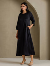 [Svart] SilkSilky-NO 3/4 Sleeve Round Neck Kjole 006