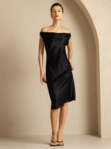 [Svart] SilkSilky-NO Sleeveless Cowl Neck Kjole 001