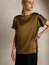 [Brun] SilkSilky-NO 19Momme Kort erm Båtringning T-skjorte for Kvinner 005