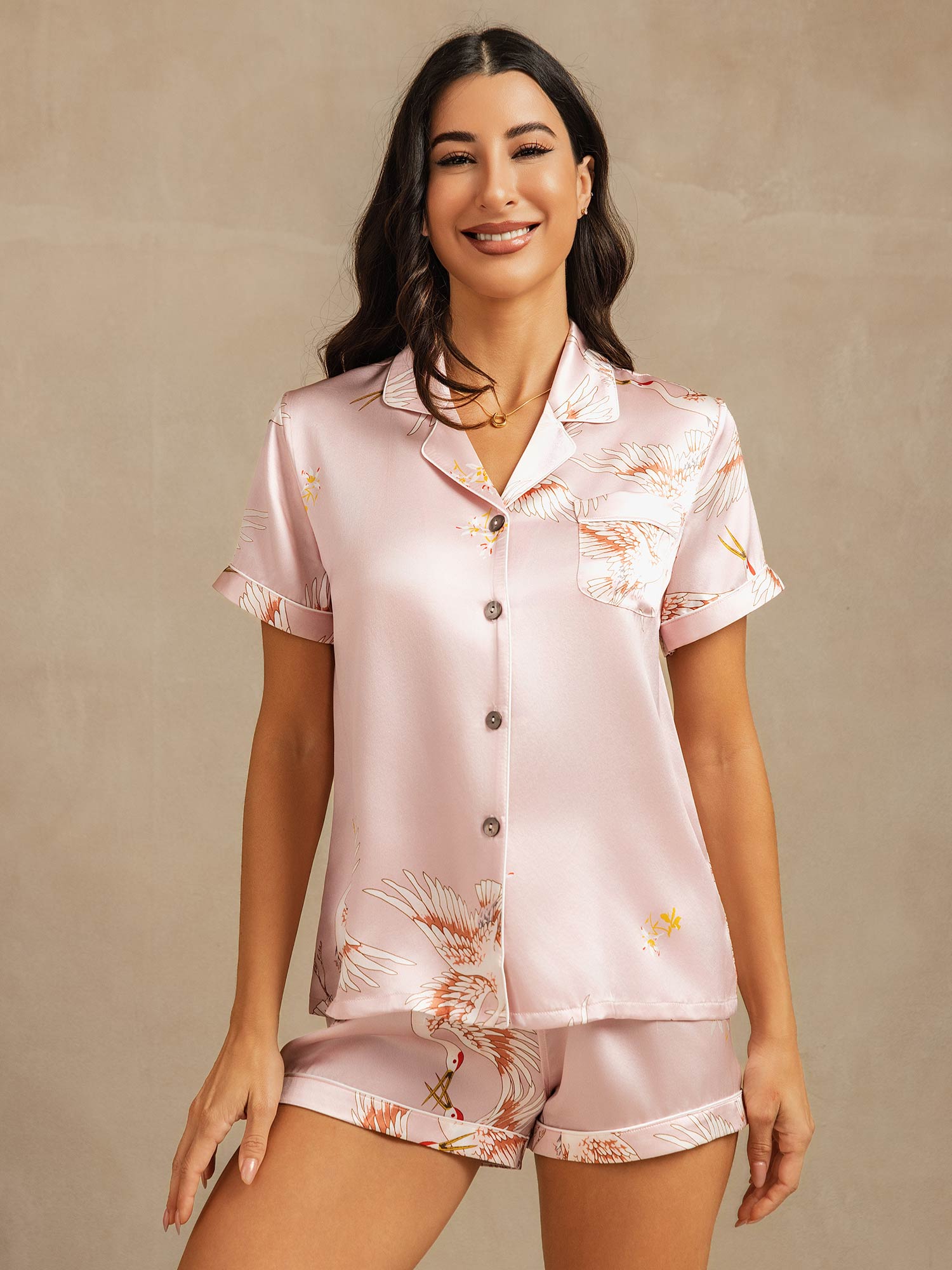 [Rosa] SilkSilky-NO Short Sleeve Lapel Collar Pyjamas for Kvinner 001