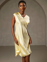 [Gul] SilkSilky-NO Cap Sleeve V Neck Nattkjole 004