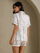 [Hvit Leopard] SilkSilky-NO Short Sleeve Notch Collar Pyjamas for Kvinner 002