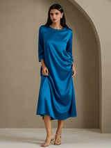 [Blågrønn] SilkSilky-NO 3/4 Sleeve Round Neck Kjole 007
