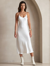 [Hvit] SilkSilky-NO Spaghetti Strap V Neck Kjole 004