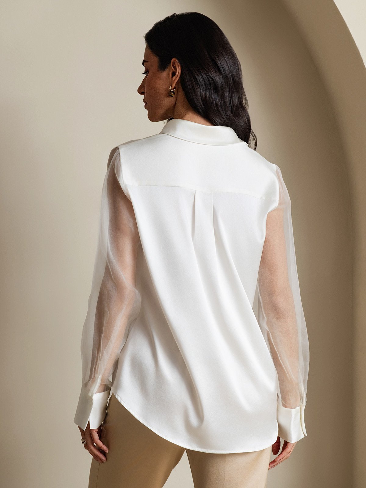 [Hvit] SilkSilky-NO 19Momme Silke Lapel Collar Skjorte for Kvinner 002