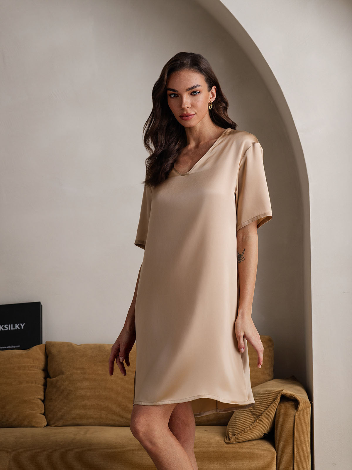 [Champagne] SilkSilky-NO V-Hals Nattkjole 005