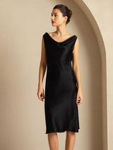 [Svart] SilkSilky-NO Sleeveless Cowl Neck Kjole 007