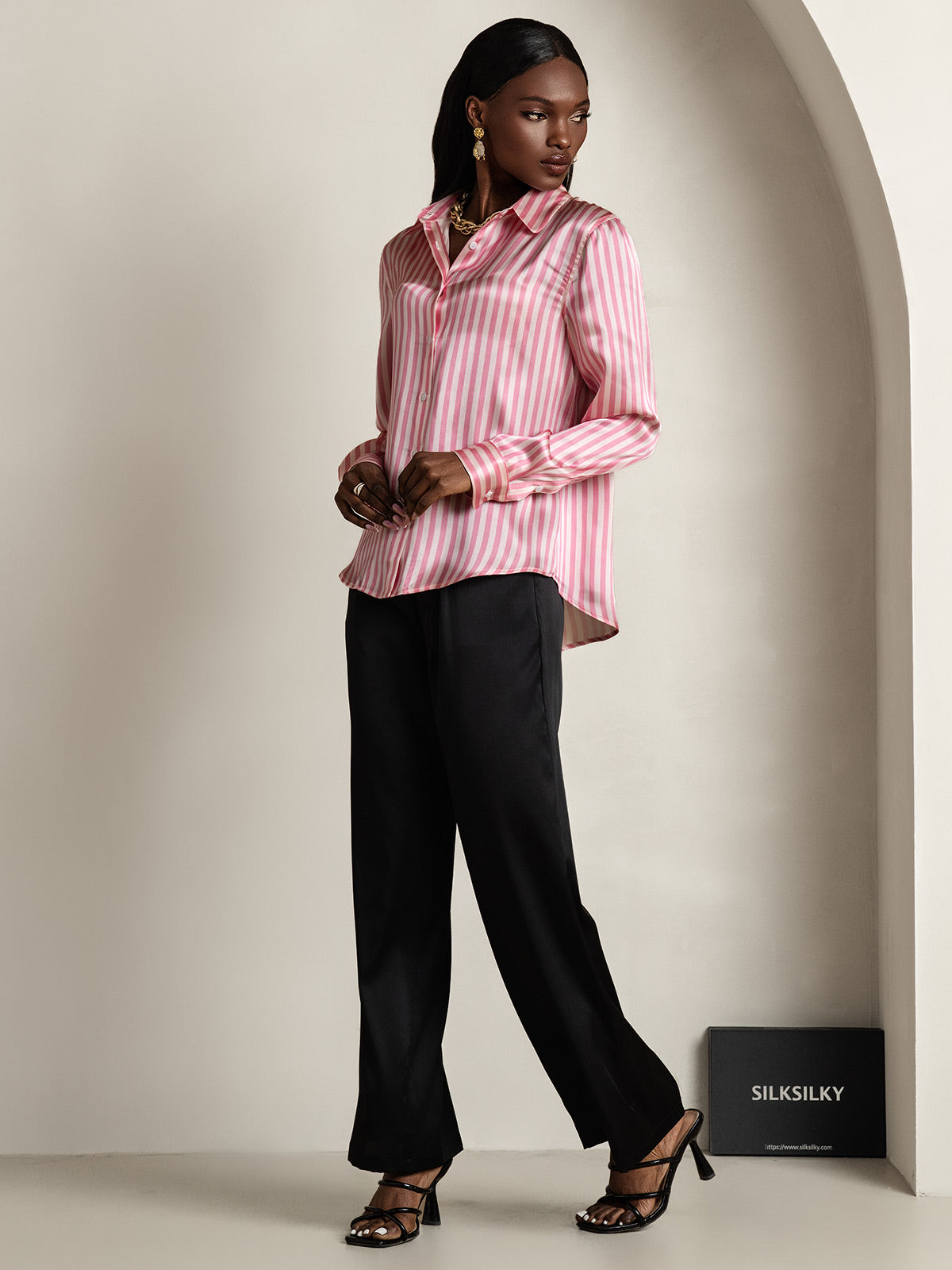 [Rosa] SilkSilky-NO Silke Long Sleeve Collar Skjorte for Kvinner 007