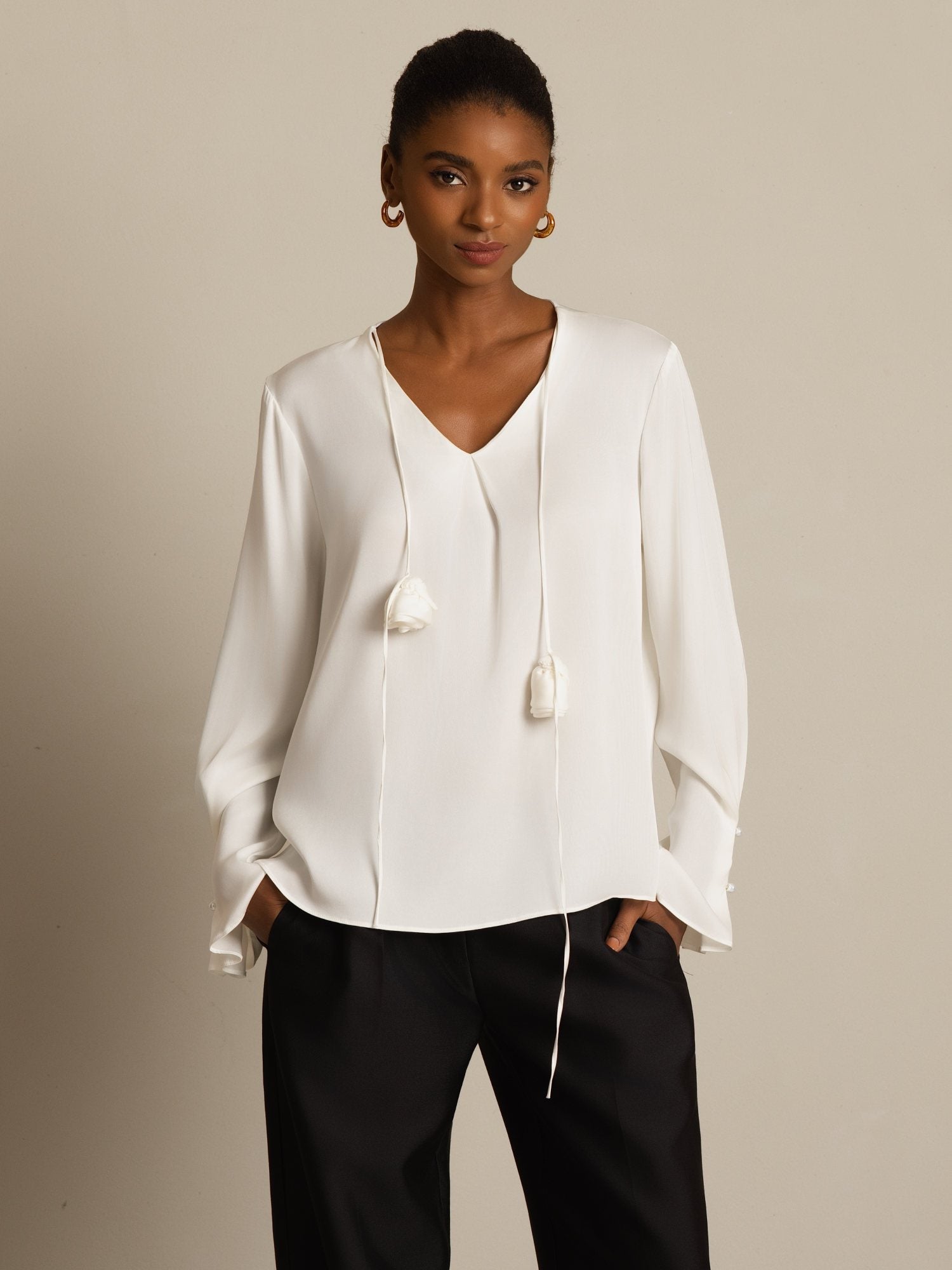 [Hvit] SilkSilky-NO 19Momme Silke Langermet V Hals Bluse 003