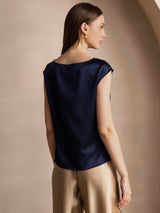 [Mørke blå] SilkSilky-NO Cap Sleeve Cowl Neck T-skjorte for Kvinner 002
