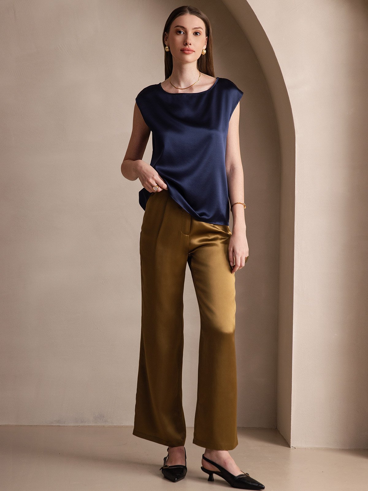 [Mørke blå] SilkSilky-NO 19Momme Silke Womens T-Shirt 005